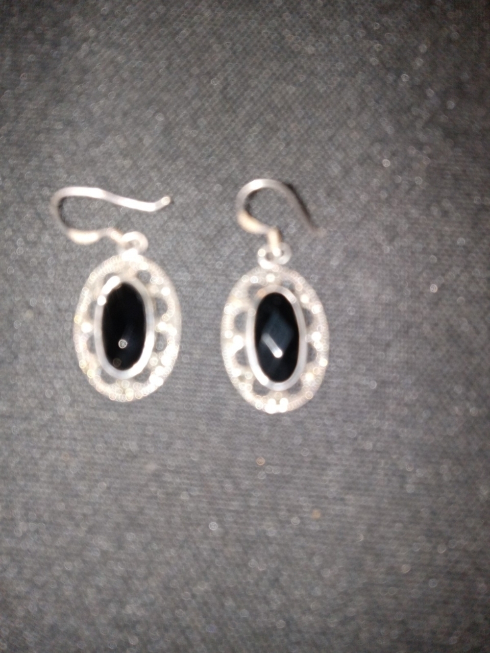 Silver Oval Black Stone Dangle Earrings